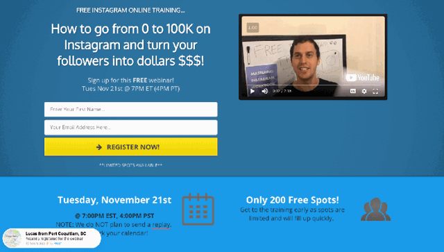 mastering instagram, social proof with recent sign ups